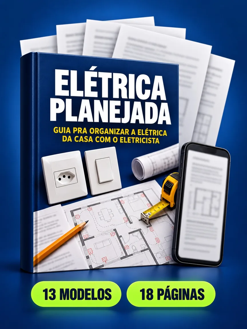 Montagem ilustrativa do Elétrica Planejada: livro com a capa, páginas do material e celular