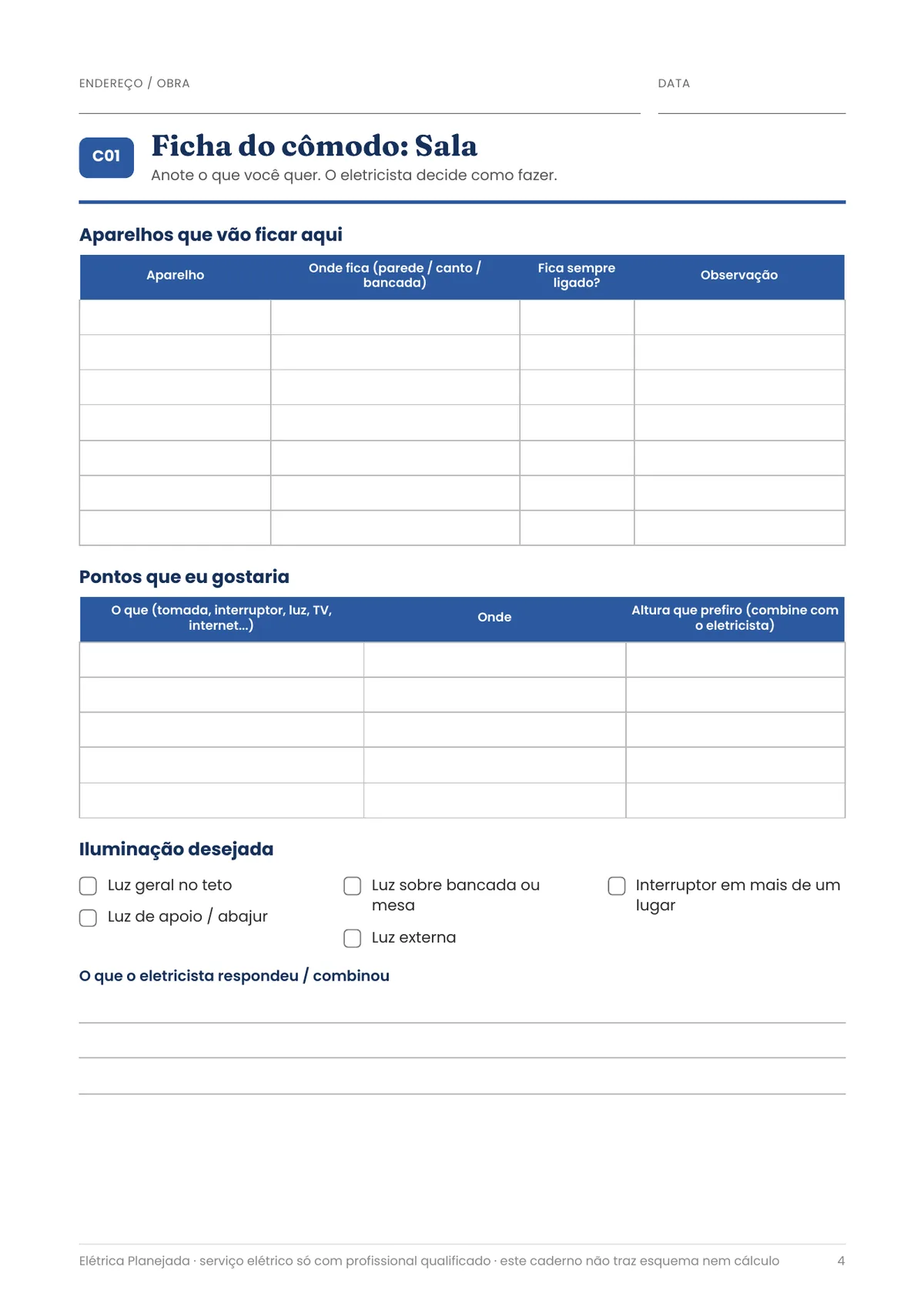 Página real do PDF Elétrica Planejada: ficha do cômodo
