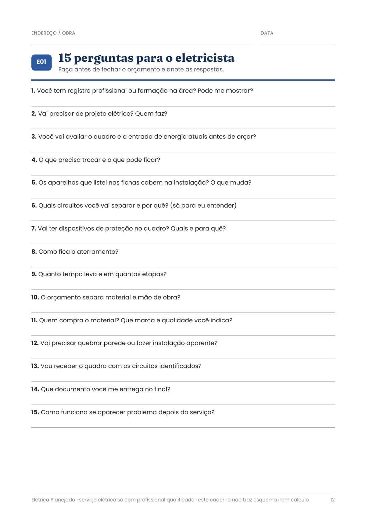 Página real do PDF Elétrica Planejada: 15 perguntas pro eletricista